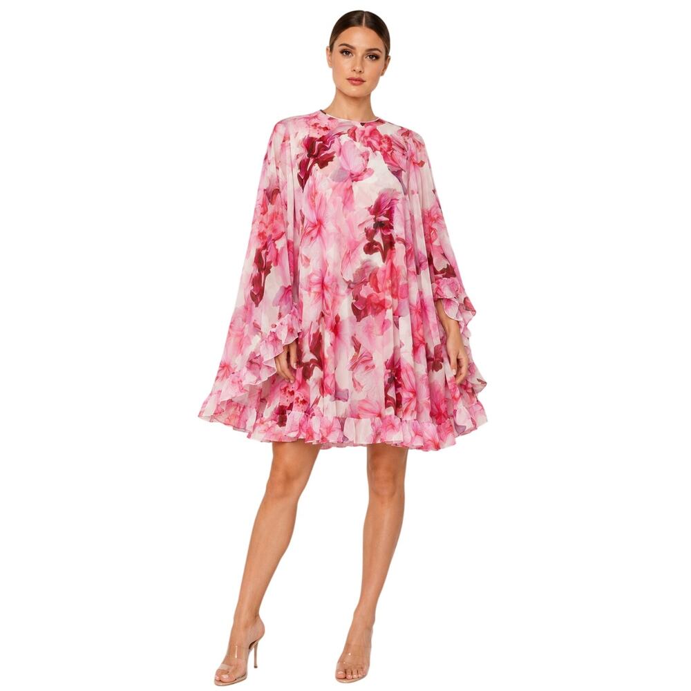 Ieena for Mac Duggal Floral Cape Sleeve Mini Dress Pink Multi Women's Size 10